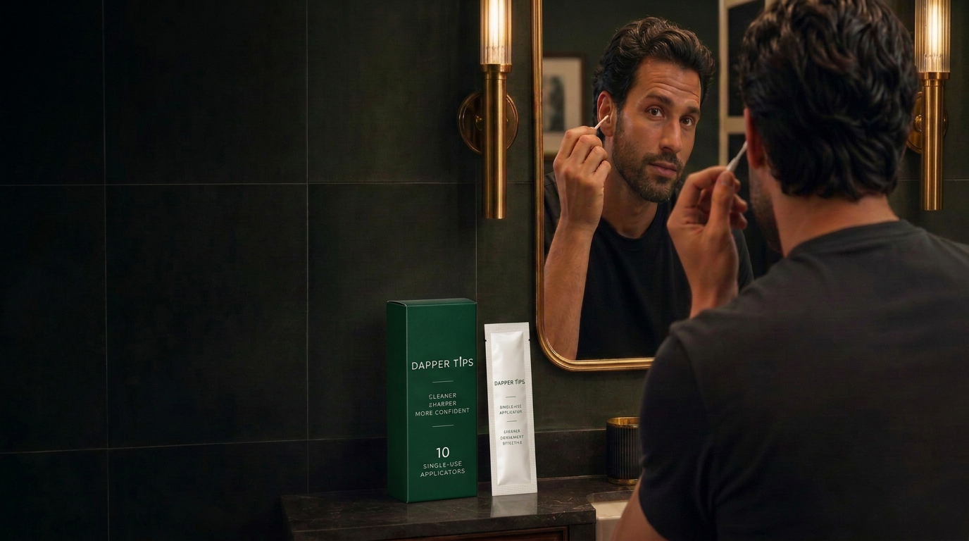 Man using a Dapper Tips applicator in a green-tiled bathroom beside the carton and sealed sachet