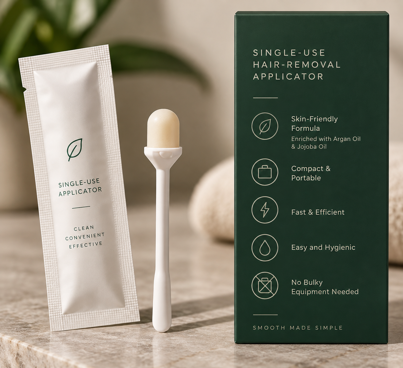 Dapper Tips single-use applicator beside its sachet and dark green feature-listing carton on a marble counter